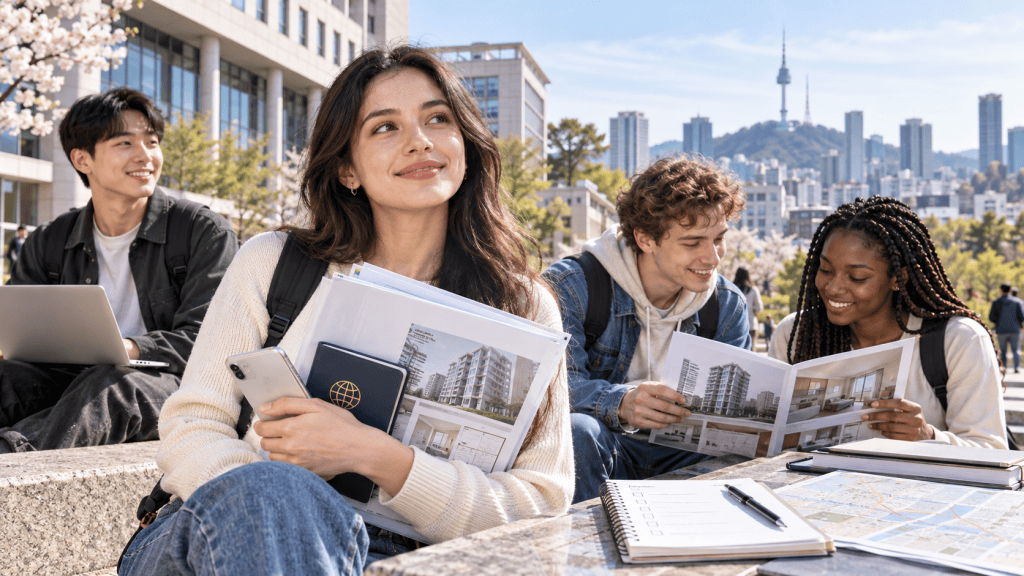 A group of four diverse students sitting outdoors, engaged in discussion and studying. One student is holding a smartphone and documents, while others are reviewing brochures and smiling. The background shows a cityscape with a tower and blooming trees.