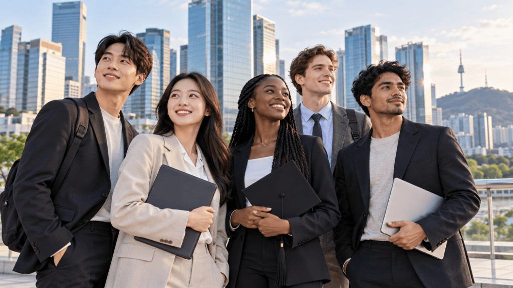 A diverse group of five young professionals standing outdoors with a city skyline in the background, smiling and looking upwards. They each hold laptops or folders and are dressed in business attire.
