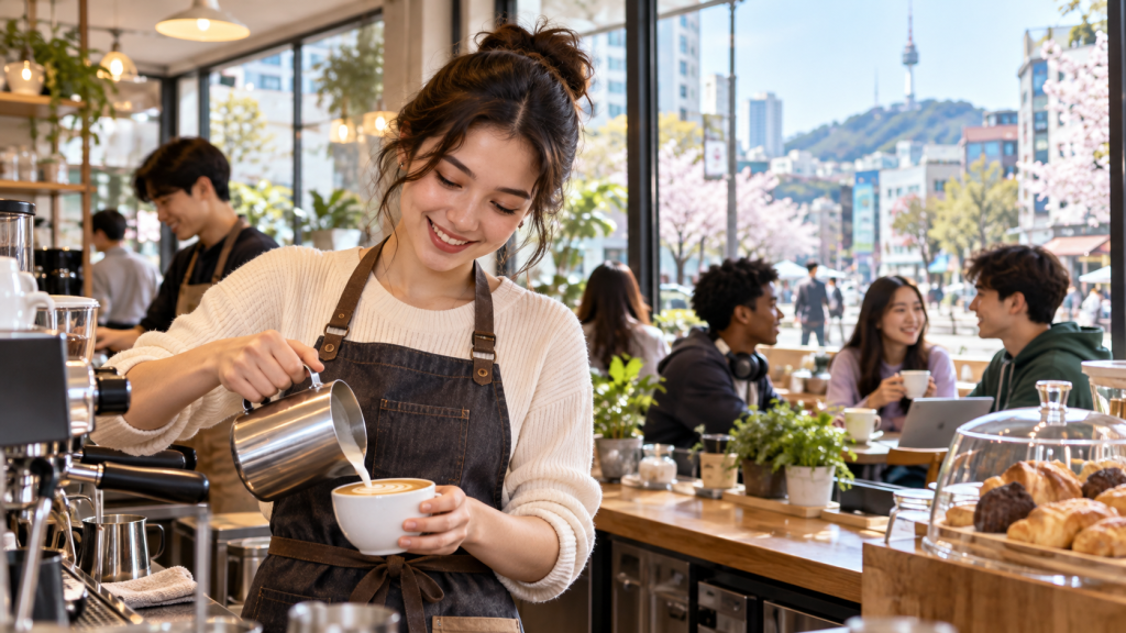 A barista pouring milk into a cup of coffee in a lively café with large windows showcasing a city view.
