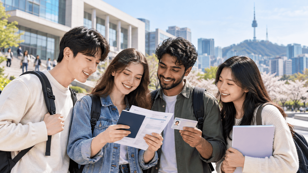 A group of four young adults, two males and two females, are outdoors, smiling and looking at travel documents and IDs. They are standing in front of a modern building with cherry blossom trees and a city skyline in the background.