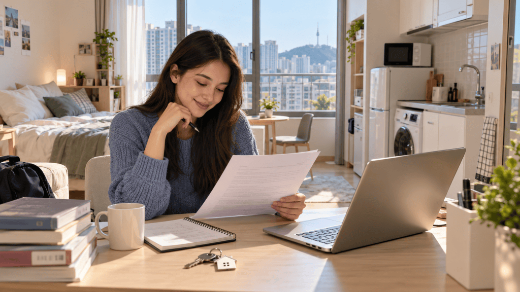 A young woman sitting at a wooden table in a bright, modern apartment, reading documents. She is smiling and wearing a cozy sweater, with a laptop, a cup of coffee, a notebook, and books on the table. A cityscape is visible through the large window.