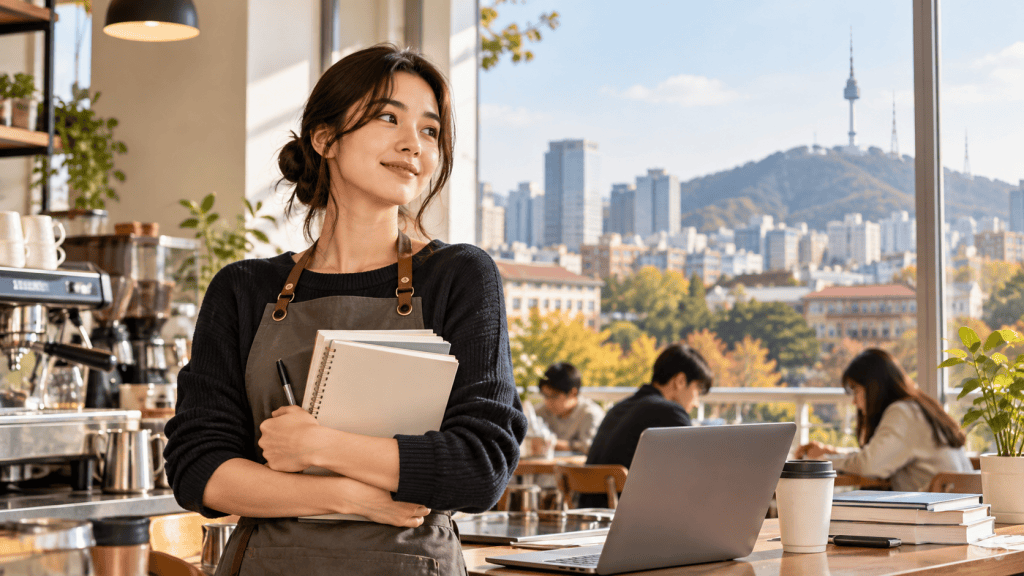 A young woman with dark hair wearing an apron stands in a café, holding notebooks and a pen. In the background, there are city buildings and a mountain with a tower. Several people can be seen sitting at tables working on laptops.