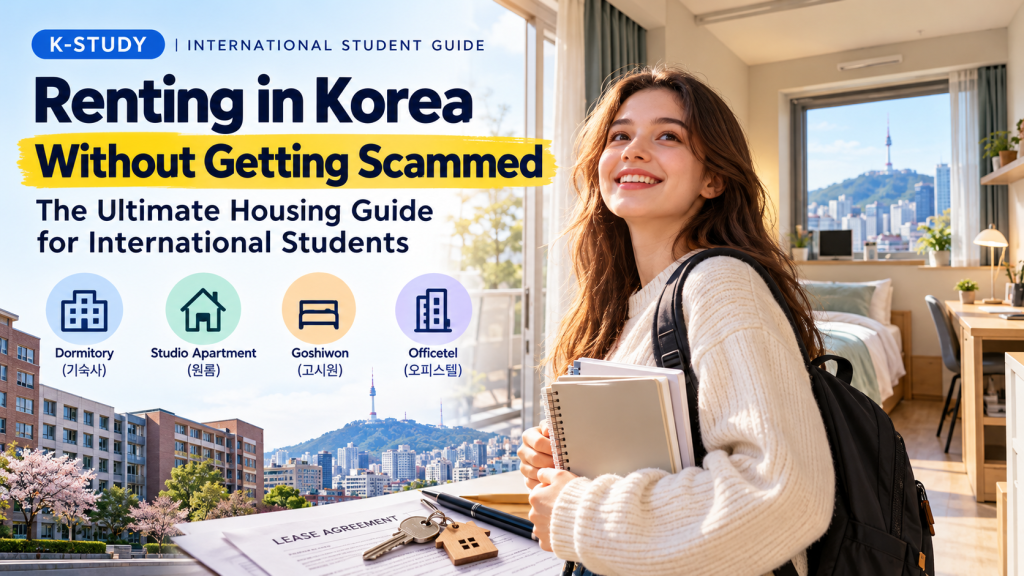 A smiling young woman with long hair, wearing a cozy sweater, holds a notebook while standing in a bright room with a view of a cityscape featuring Namsan Tower in Seoul. The image promotes a guide on renting in Korea for international students, showcasing different housing options.