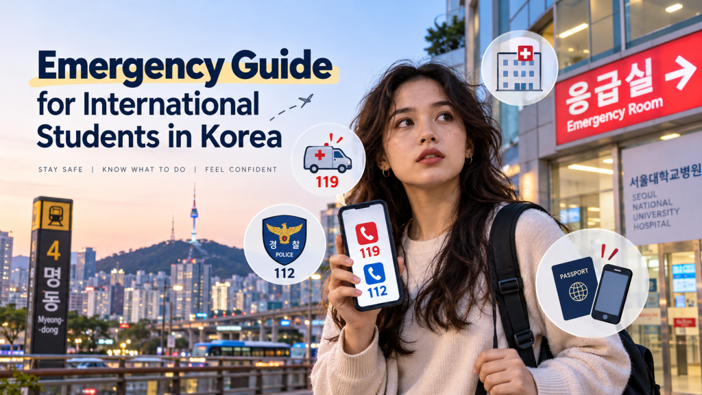 A young woman holding a smartphone displaying emergency numbers, standing near a hospital entrance with signs for ambulance services and police. The background features a cityscape of Seoul, including the N Seoul Tower. Text on the image reads 'Emergency Guide for International Students in Korea.'