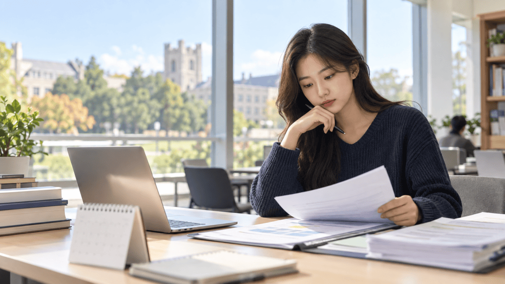 A woman in a navy sweater sits at a desk, focused on reading documents. A laptop and stacked books are on the table, with a calendar and plant in the background. A view of trees and buildings is visible through the large windows.