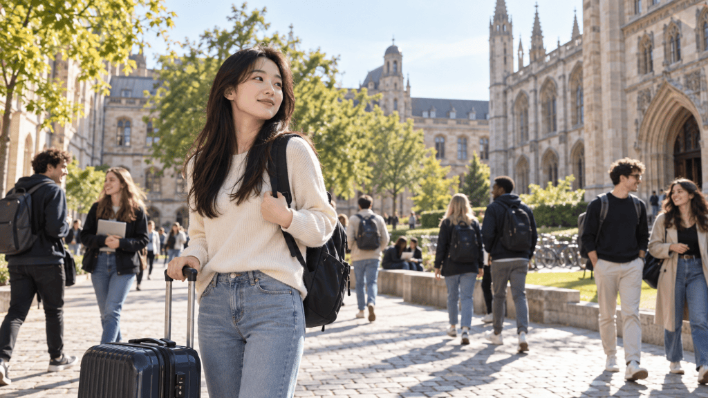 A young woman with a suitcase stands in a bustling university courtyard surrounded by trees and historic buildings, while students walk by, chatting and carrying backpacks.