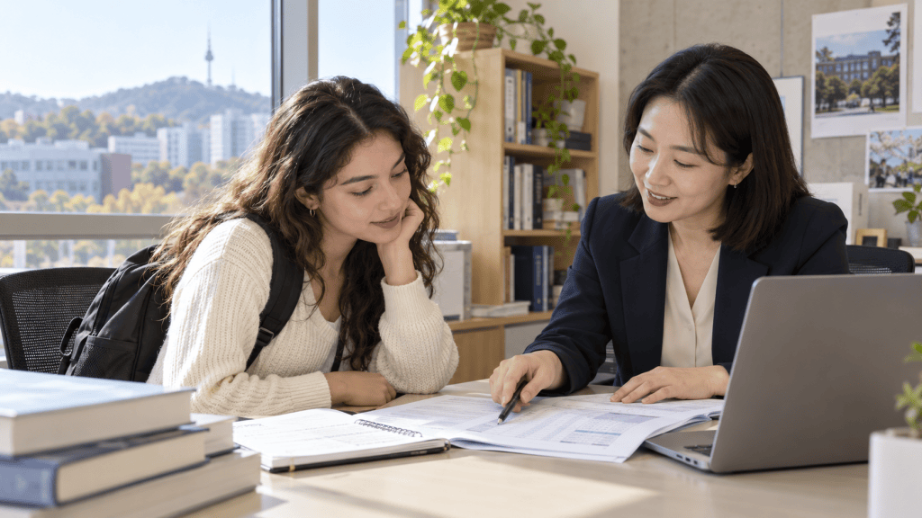 A student and a teacher discussing study materials in an office, with a laptop and books in the foreground.
