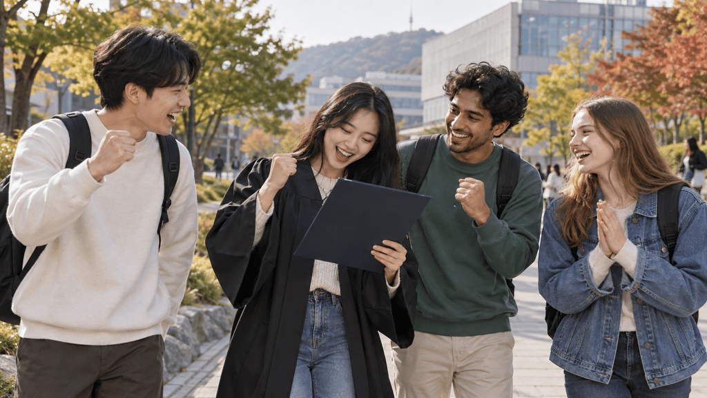 Four young friends celebrating outdoors, with one wearing a graduation gown and holding a diploma, while others express joy and excitement.