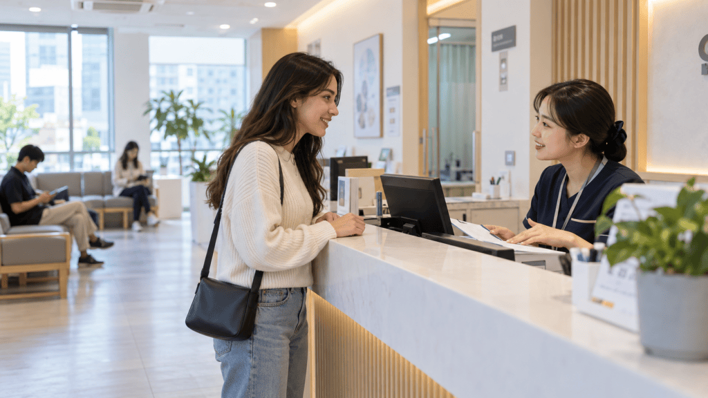 A young woman with long brown hair smiles while interacting with a receptionist at a front desk in a modern office or clinic. The receptionist, wearing a navy blue uniform, appears friendly and is holding papers, while additional guests are seated in the background.