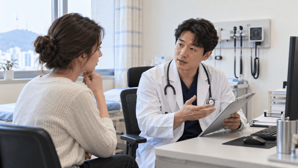 A doctor in a white coat discusses health information with a young woman in a medical office, seated at a desk with a computer and medical equipment in the background.