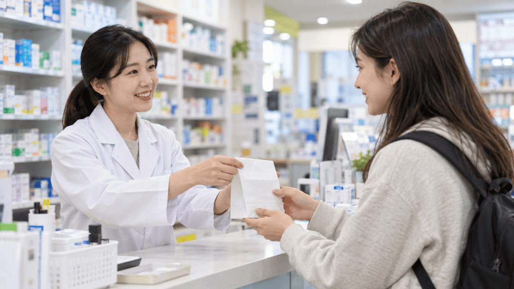 A pharmacist in a white coat hands a prescription to a customer at a pharmacy counter, with shelves of medication in the background.