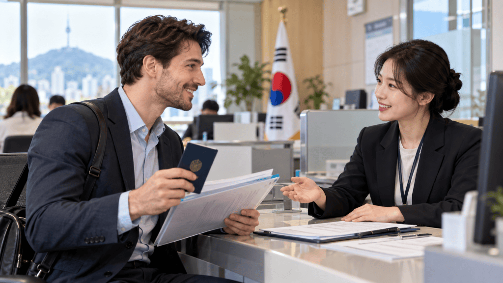 A man in a suit smiles while showing a passport to a woman in an office. The woman, wearing a blazer, engages in conversation with him, and a flag of South Korea is visible in the background.