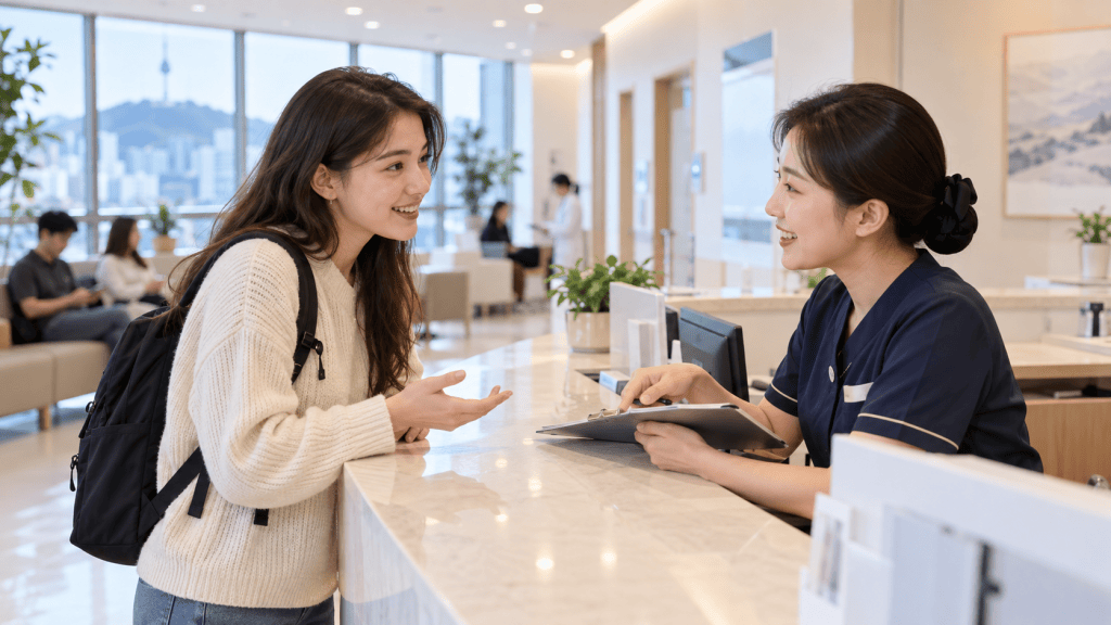 A woman with long hair and a backpack smiles as she talks to a receptionist at a modern office, with a city view in the background.