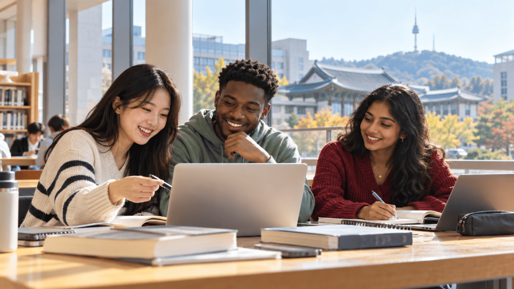 A diverse group of three university students studying together at a table with laptops and notebooks, smiling and collaborating in a bright library setting with a view of a scenic background.