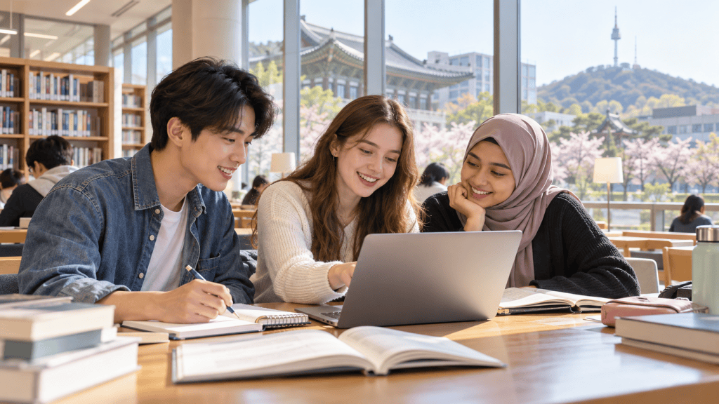 Three students collaborating at a table in a library, looking at a laptop with books and notes scattered around them. A background featuring cherry blossom trees and a tower is visible through large windows.