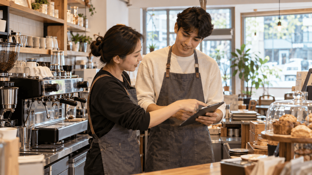 A barista and a colleague discussing tasks while looking at a tablet in a cozy coffee shop, with equipment and baked goods visible in the background.