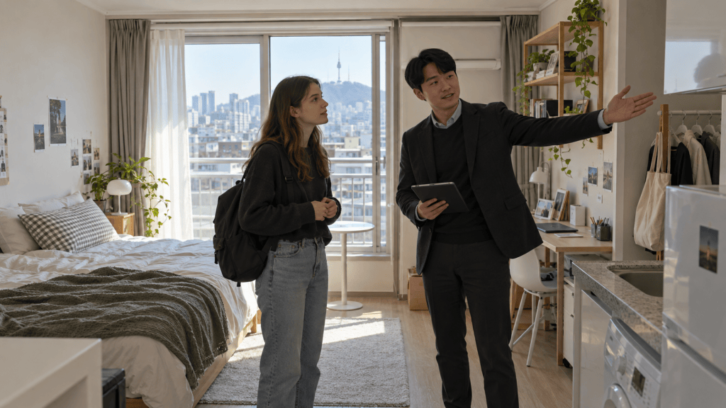 A man in formal attire explains features of a cozy apartment to a woman with a backpack, both standing in a well-lit room with a bed, plants, and city views.
