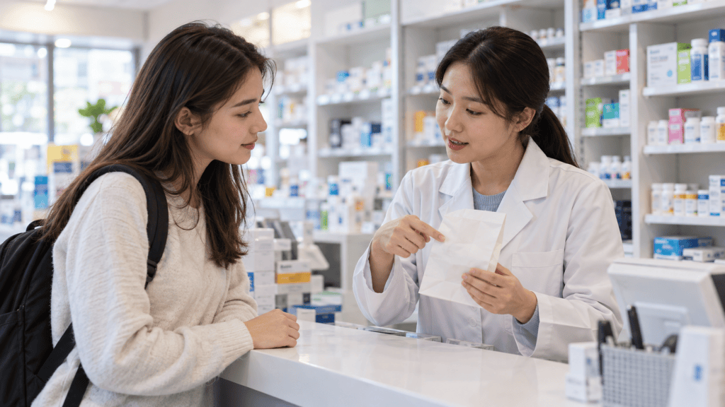 A pharmacist explaining medication details to a customer at a pharmacy counter.