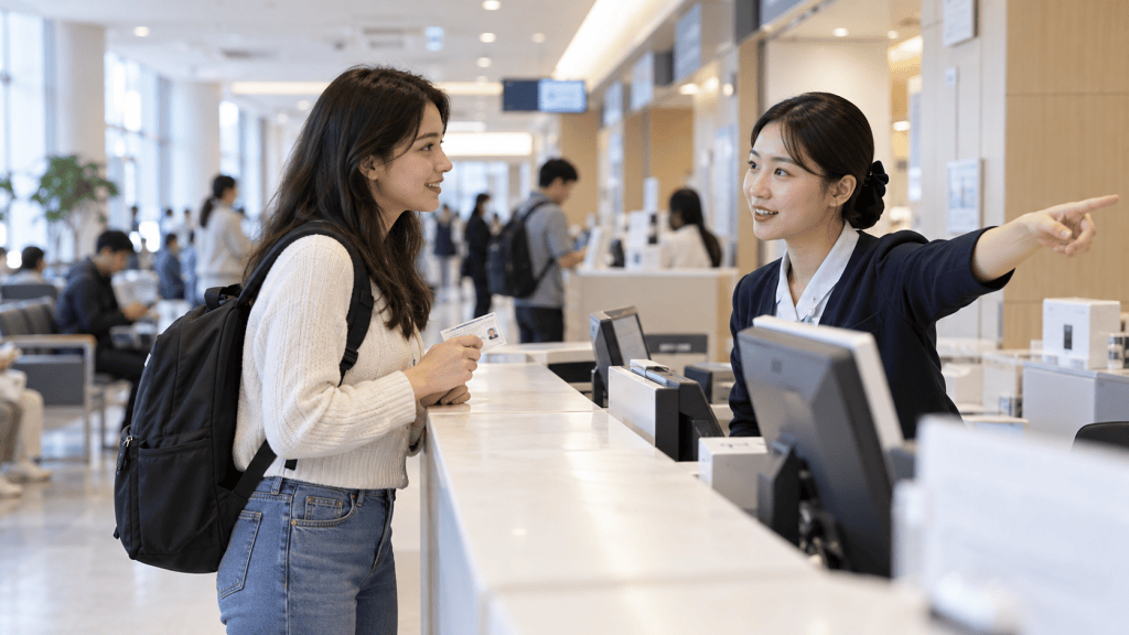 A young woman with a backpack smiling and talking to a staff member at a reception desk, while the staff member gestures towards another area.