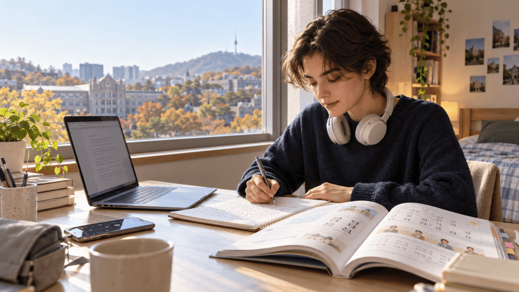 A young person with headphones is studying and taking notes at a desk. A laptop, books, a potted plant, and a mug are visible on the table, with a scenic view of a city skyline through the window.