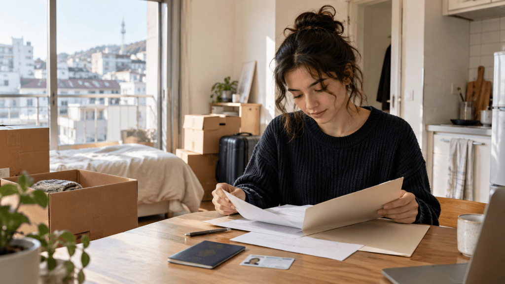 A young woman sitting at a wooden table in an apartment, reviewing documents with a focused expression. In the background, there are unpacked boxes and a glimpse of a city view through large windows.