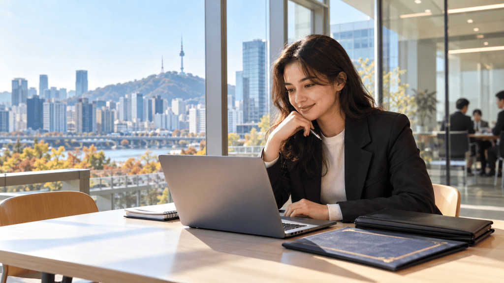 A young woman in a business suit working on a laptop at a table, with a city skyline and mountains visible through a large window.