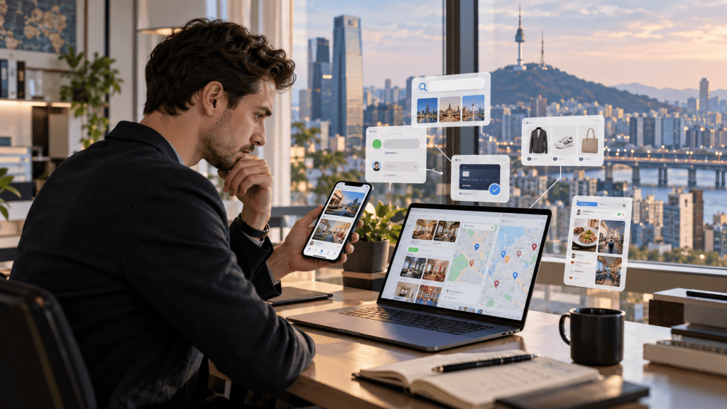 A man sitting at a desk in a modern office, using a smartphone and laptop. The laptop displays a map and various images related to travel and shopping, with a city skyline and mountains visible through the window.