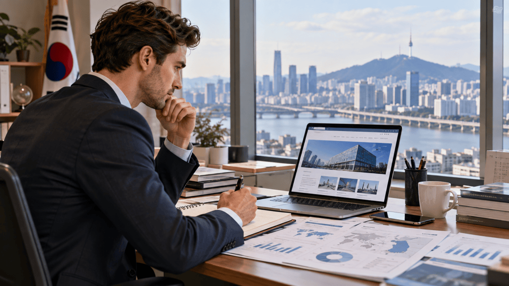 A businessman in a suit is working at a desk with a laptop, reviewing documents and graphs. A panoramic city view with skyscrapers and a river is visible through the window.