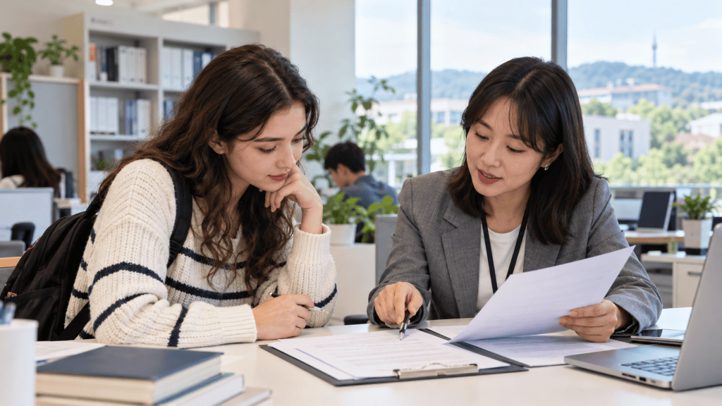 A young woman with long, wavy hair is listening attentively to another woman seated at a desk, discussing documents. The second woman is holding papers and pointing to a document while explaining. They are in a modern office with plants and large windows.