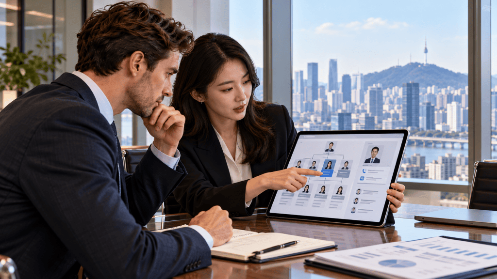 A business meeting where a woman points at a digital tablet displaying an organizational chart, while a man looks thoughtfully at her. The background shows a city skyline with a river.