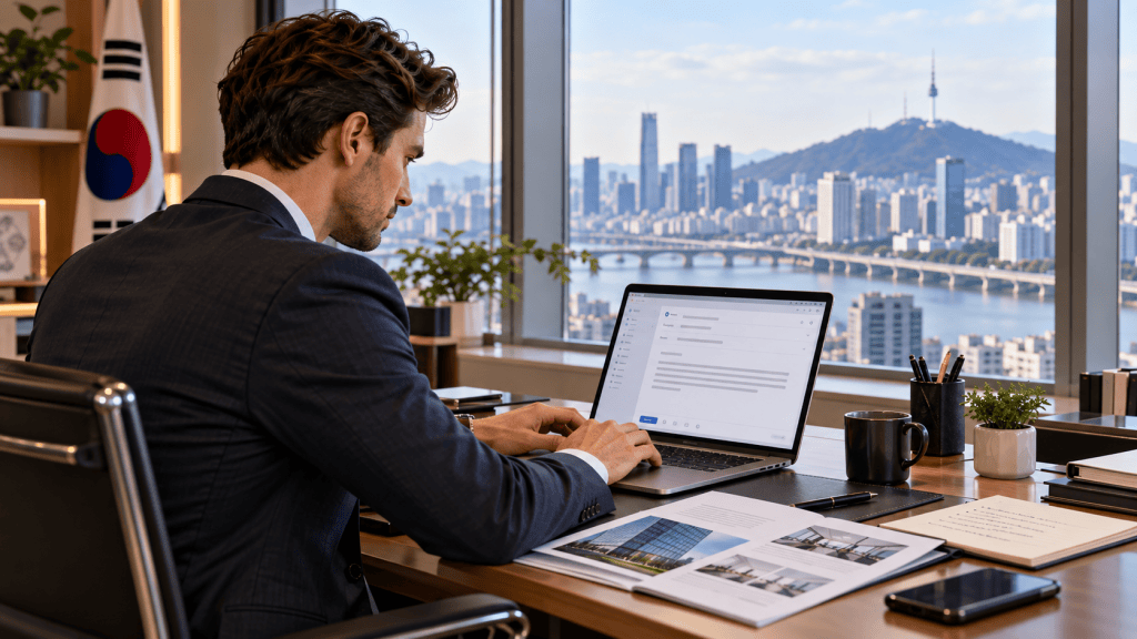 A businessman working on a laptop in a modern office with a view of a cityscape and mountains in the background.