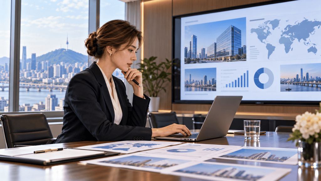 A businesswoman sitting at a conference table with a laptop, analyzing reports in a modern office with a city view.
