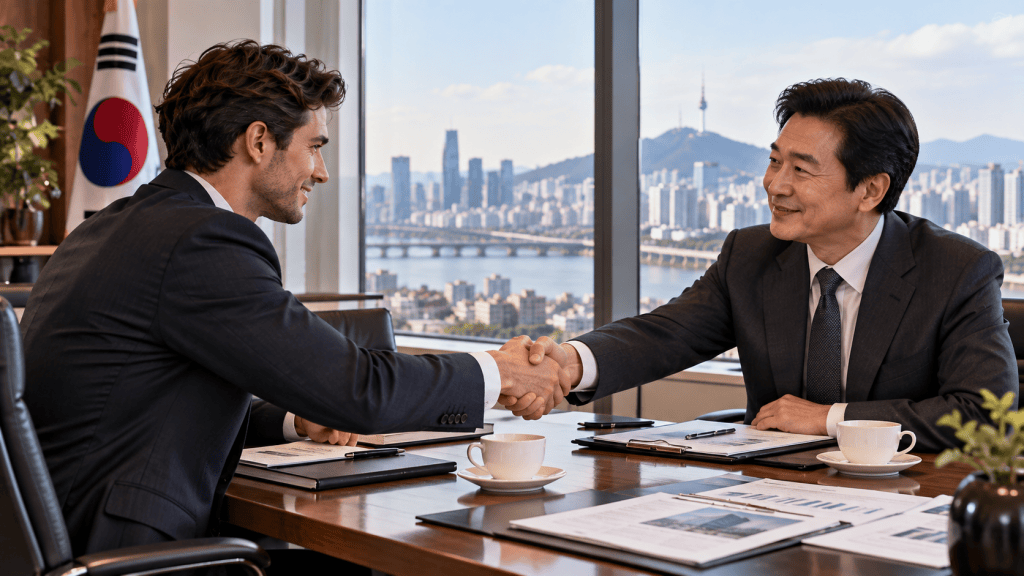 Two businessmen shaking hands during a meeting in an office with a cityscape view, including a South Korean flag and coffee cups on the table.