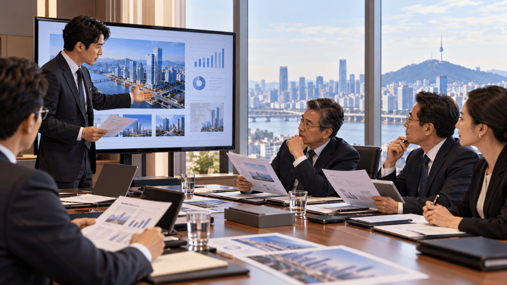 A business meeting in a conference room with a presentation on a screen. A man in a suit is presenting while four colleagues listen attentively, reviewing documents with a city skyline visible outside the window.