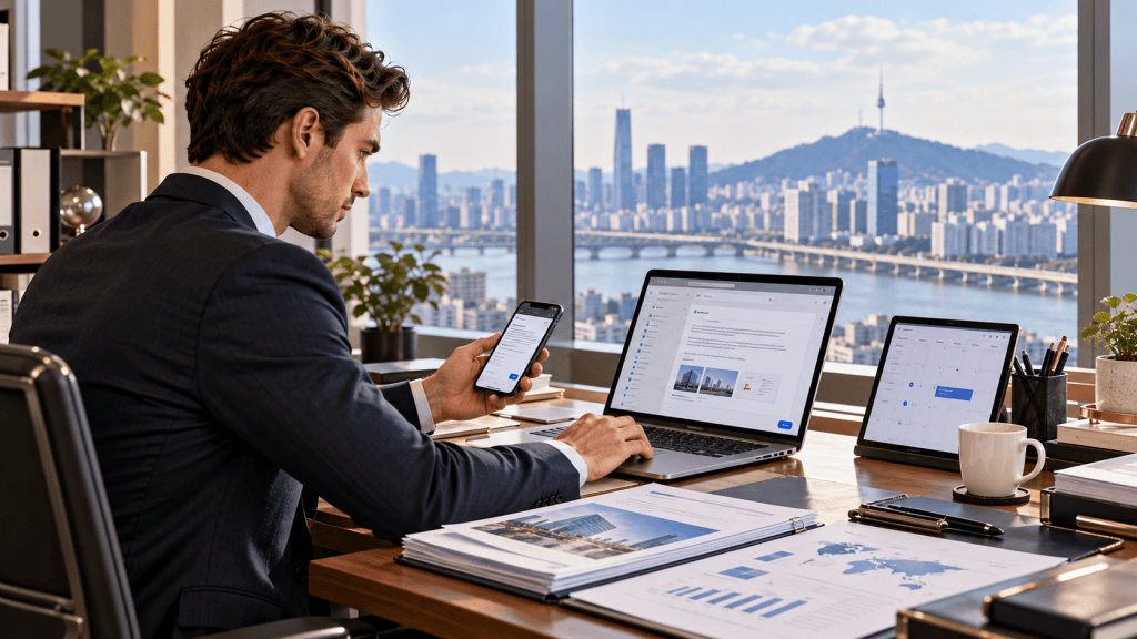 A businessman working at a modern office desk, using a smartphone and laptop, with a cityscape view through the window.