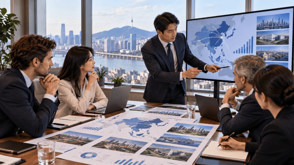 Business meeting with professionals discussing data and presentations in a modern office overlooking a cityscape.