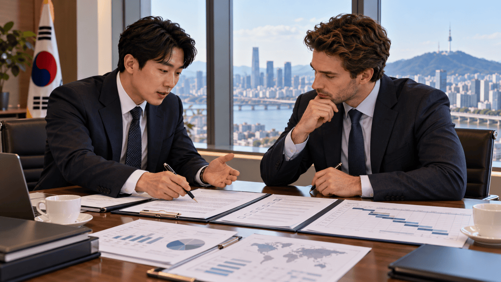 Two business professionals discussing charts and graphs in a modern conference room with a city skyline view.