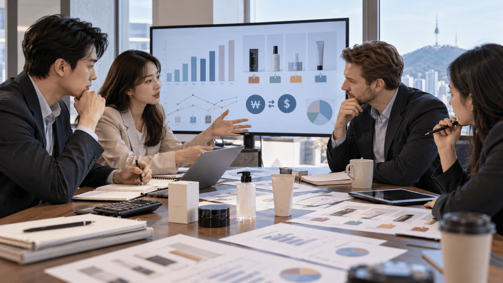 A diverse group of four professionals in business attire engaged in a meeting at a conference table, discussing data displayed on a screen. They are analyzing charts and graphs with papers and devices on the table.