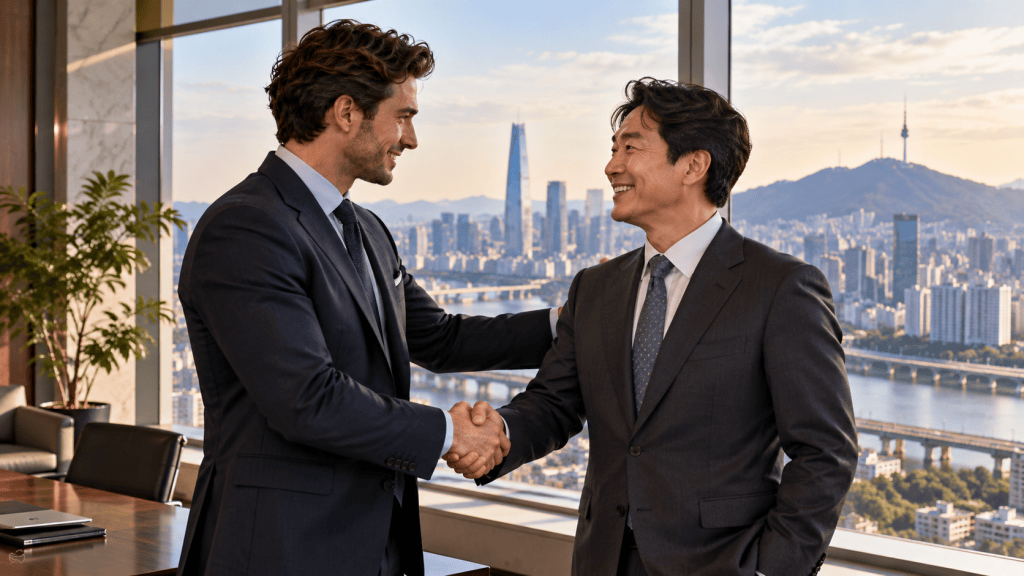 Two professional men shaking hands in a modern office with a city skyline view in the background.