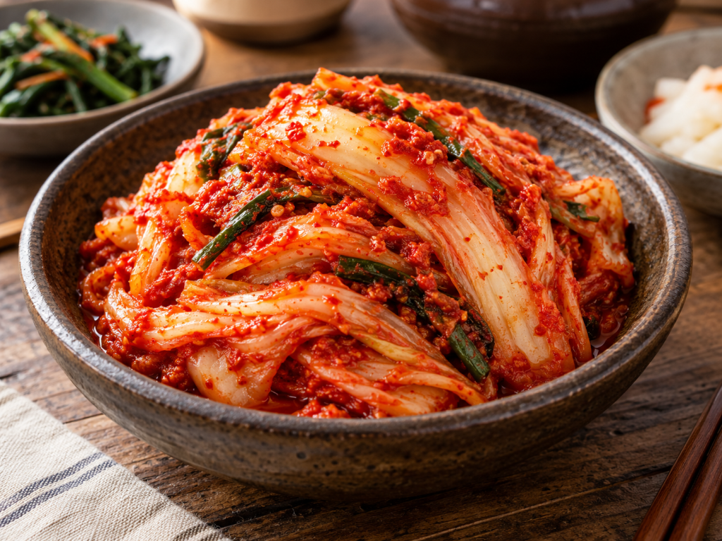 A bowl of spicy kimchi made with napa cabbage and green onions, garnished with red pepper flakes, served on a wooden table alongside small side dishes.