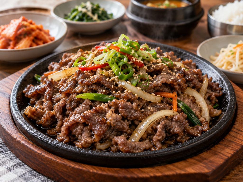 Sizzling beef bulgogi served on a hot plate, garnished with green onions, sesame seeds, and red chili, accompanied by side dishes including kimchi, leafy greens, and rice.