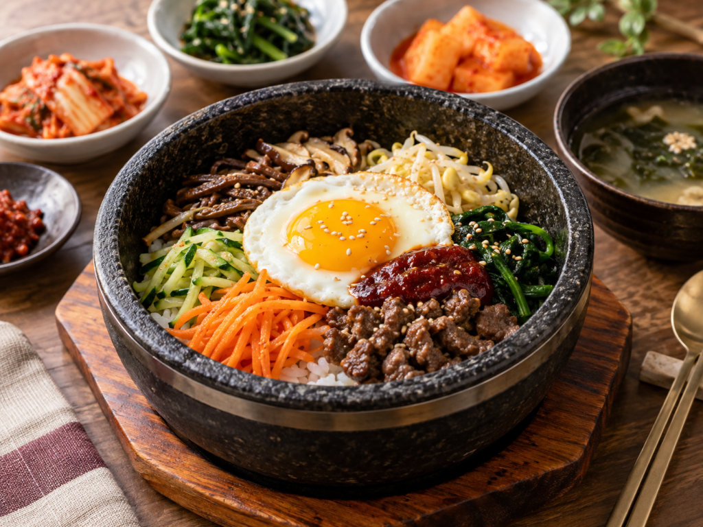 A traditional Korean bibimbap served in a stone bowl, featuring rice topped with assorted vegetables, beef, a fried egg, and gochujang (Korean chili paste), accompanied by small dishes of kimchi and a soup.