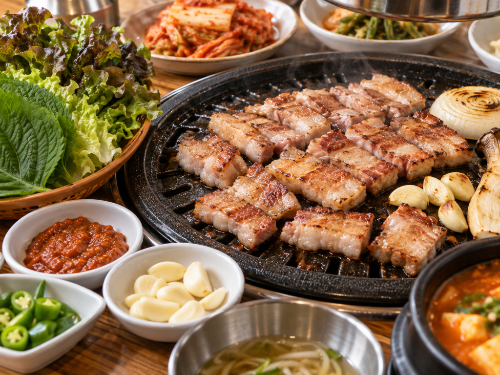 Grilled pork belly on a sizzling grill, surrounded by fresh greens, garlic cloves, and various side dishes including spicy sauce and kimchi.
