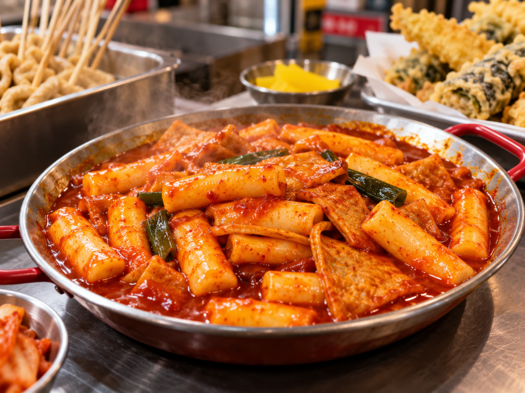 A close-up of a metal pan filled with spicy Korean rice cakes (tteokbokki) in a red sauce, garnished with green onions. In the background, skewers of food and plates of crispy fried items are visible.