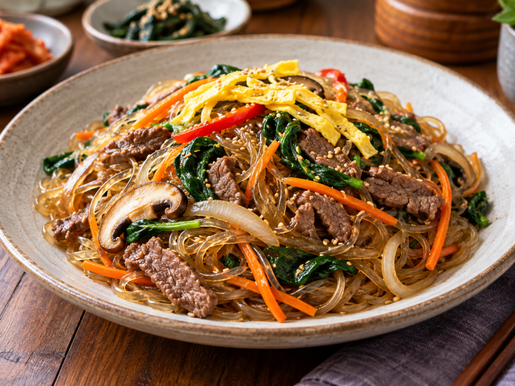 A close-up of a bowl of Japchae, a Korean dish made with glass noodles, beef, spinach, carrots, and topped with egg strips and sesame seeds.