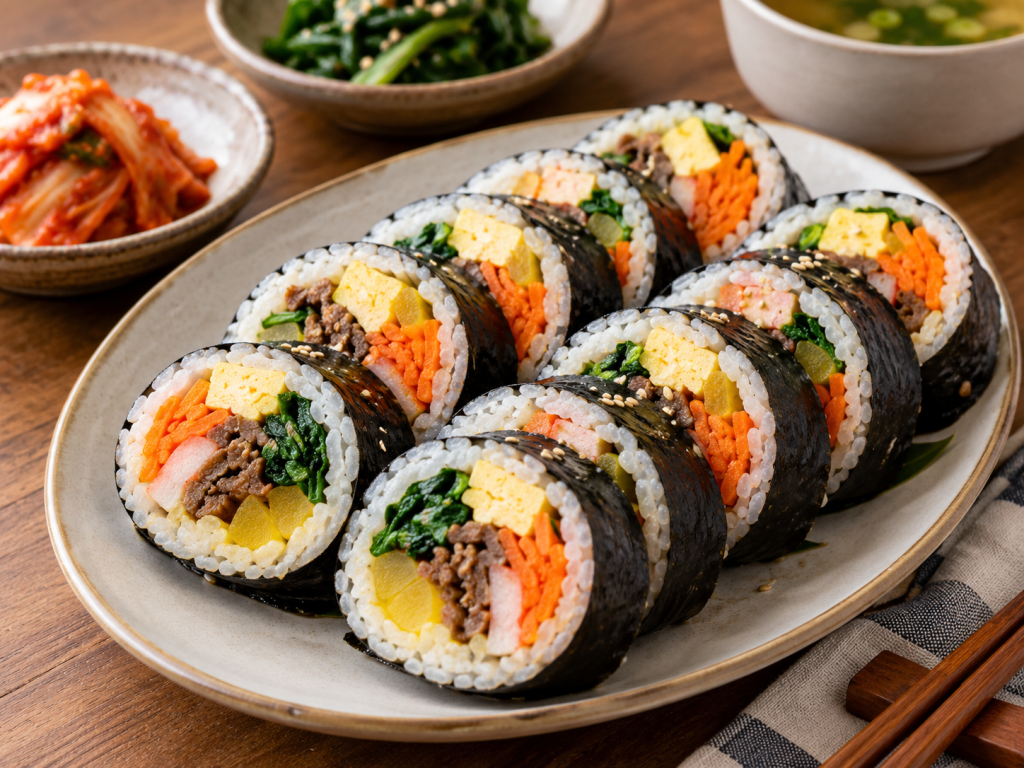 A plate of colorful sushi rolls featuring various ingredients such as vegetables, egg, and beef, served with side dishes of kimchi and greens.