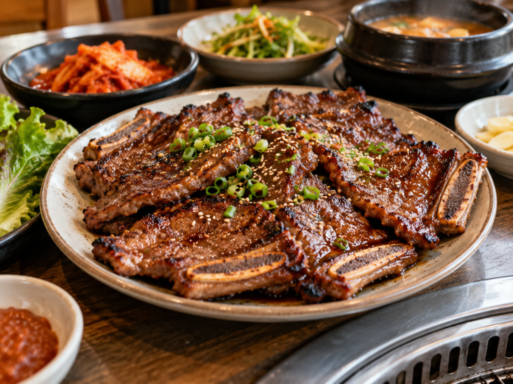 A plate of grilled marinated beef ribs garnished with green onions and sesame seeds, accompanied by sides of kimchi, salad, and sauce.