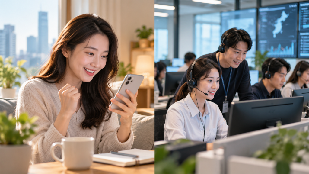 A joyful woman wearing a sweater smiles while looking at her smartphone in a cozy setting with city views.