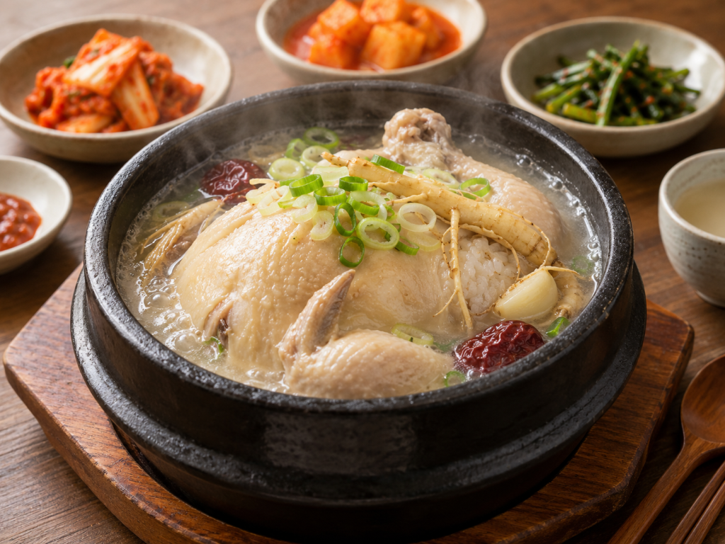A steaming bowl of traditional Korean ginseng chicken soup (Samgyetang) served in a stone pot, garnished with sliced green onions. Accompanied by small bowls of kimchi, seasoned vegetables, and dipping sauces.