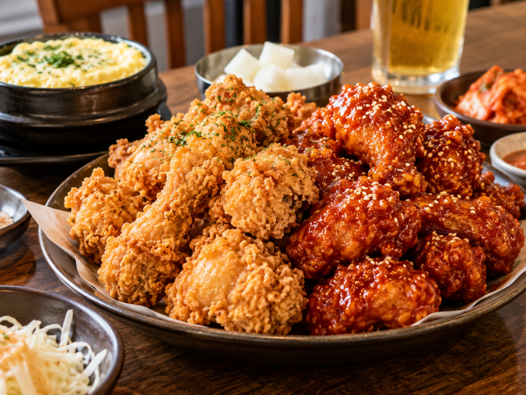 A large plate of crispy fried chicken, featuring both plain and spicy glazed wings, garnished with sesame seeds. In the background, various side dishes including creamy mac and cheese, diced radish, kimchi, and a glass of beer.